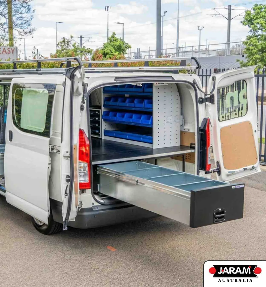 Toyota HiAce fully fitted out with shelving, storage bins, drawer and roof racks for trade work