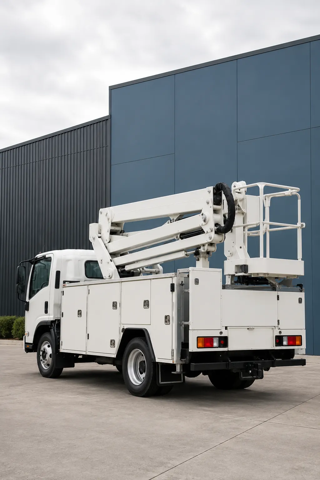 Bucket-mounted EWP truck with service body