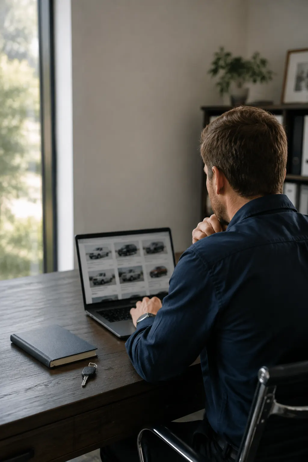 Business owner reviewing vehicle listings